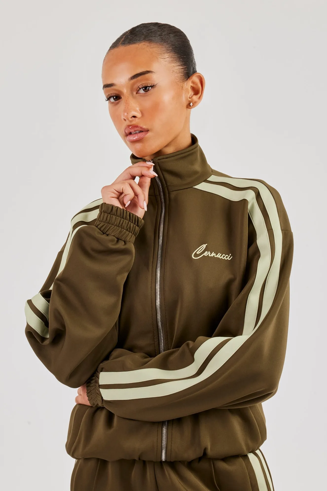 Funnel Neck Taping Zip Through Track Jacket - Khaki