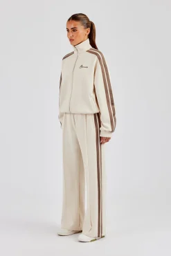 Funnel Neck Taupe Taping Zip Through Track Jacket & Wide Leg Pant - Off White