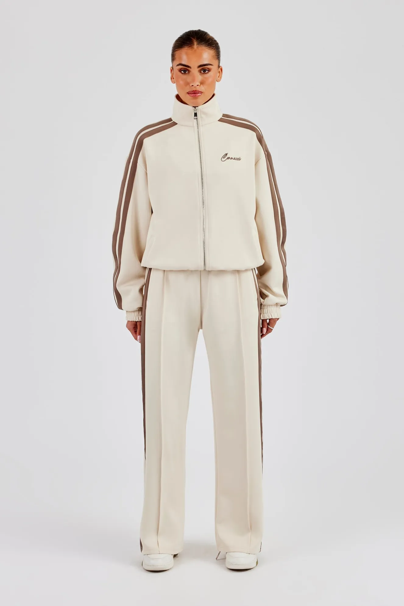 Funnel Neck Taupe Taping Zip Through Track Jacket & Wide Leg Pant - Off White
