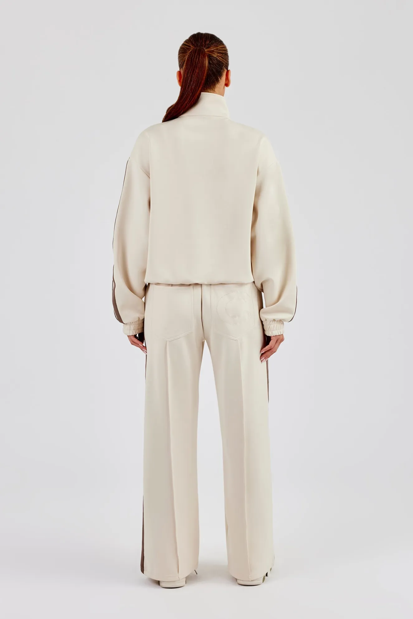 Funnel Neck Taupe Taping Zip Through Track Jacket & Wide Leg Pant - Off White