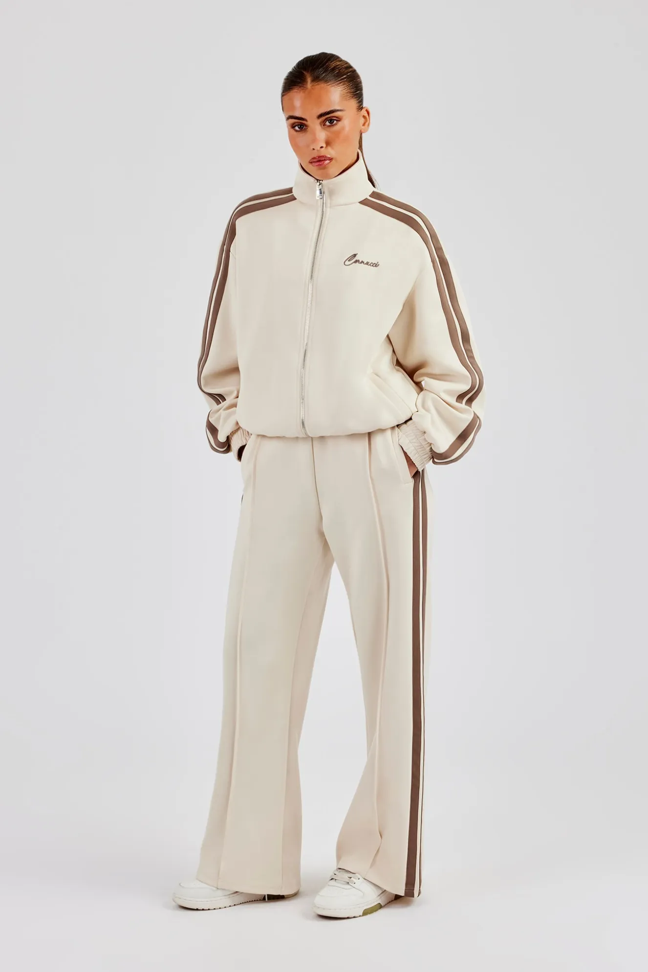 Funnel Neck Taupe Taping Zip Through Track Jacket & Wide Leg Pant - Off White
