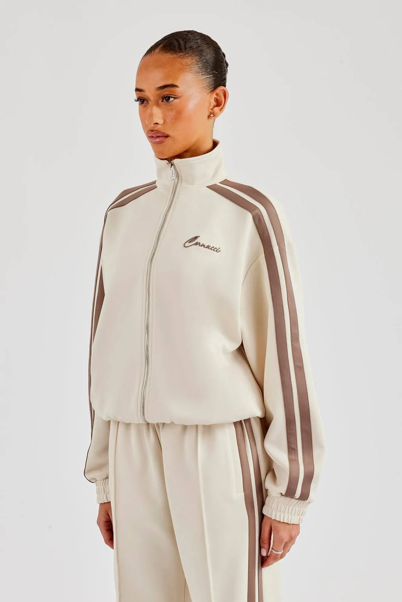 Funnel Neck Taupe Taping Zip Through Jacket - Off White