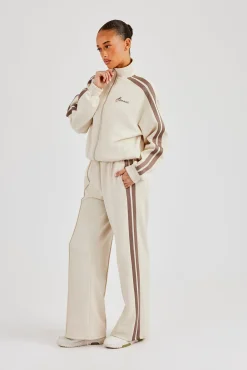 Funnel Neck Taupe Taping Zip Through Jacket - Off White