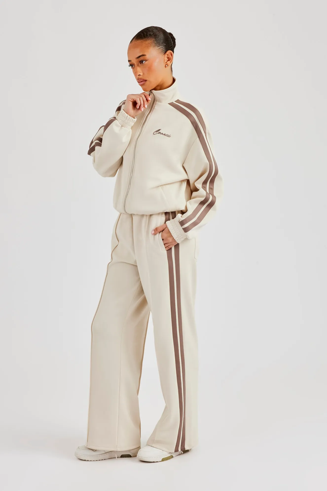 Funnel Neck Taupe Taping Zip Through Jacket - Off White