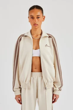 Funnel Neck Taupe Taping Zip Through Jacket - Off White
