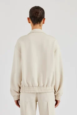 Funnel Neck Taupe Taping Zip Through Jacket - Off White