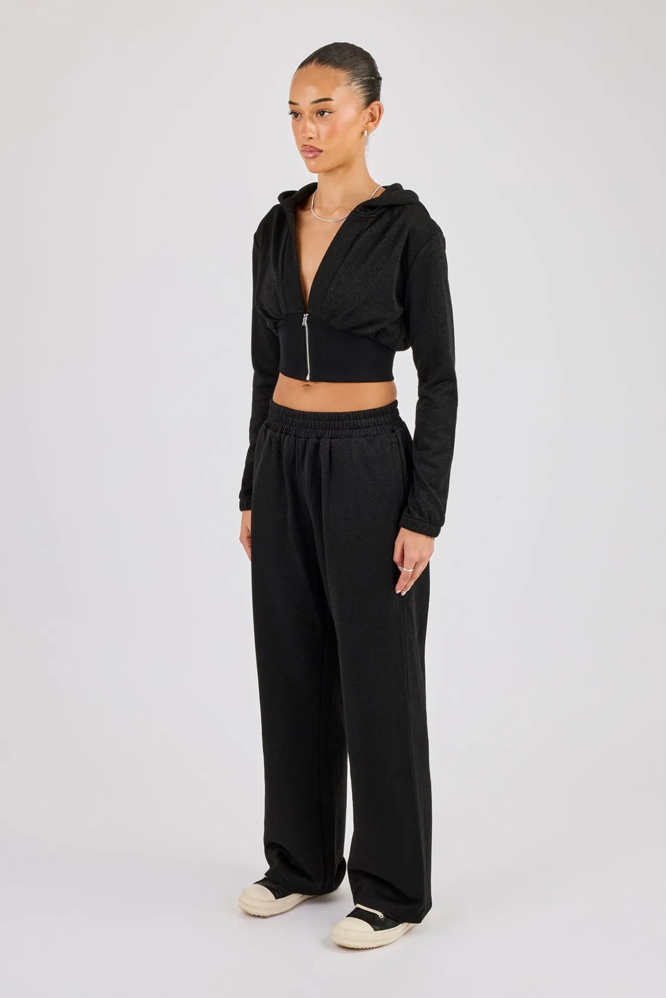 Glitter Fitted Cropped Hoodie & Wide Leg Jogger - Black