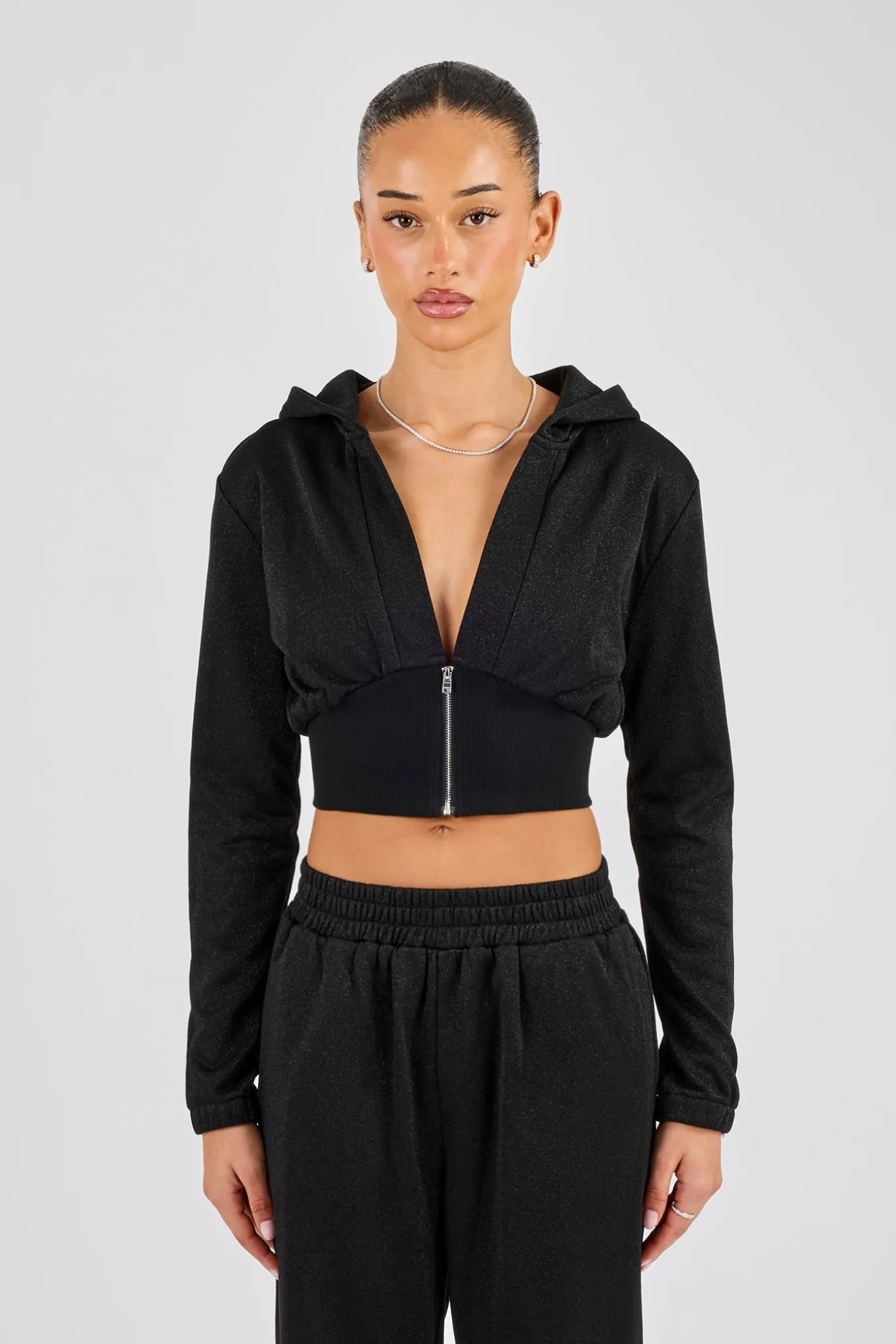 Glitter Fitted Cropped Hoodie - Black