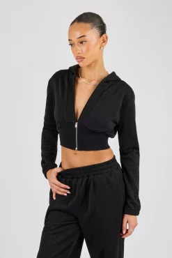 Glitter Fitted Cropped Hoodie - Black