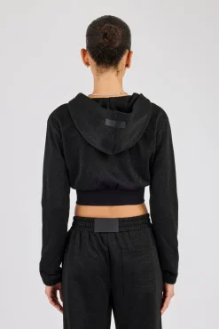 Glitter Fitted Cropped Hoodie - Black