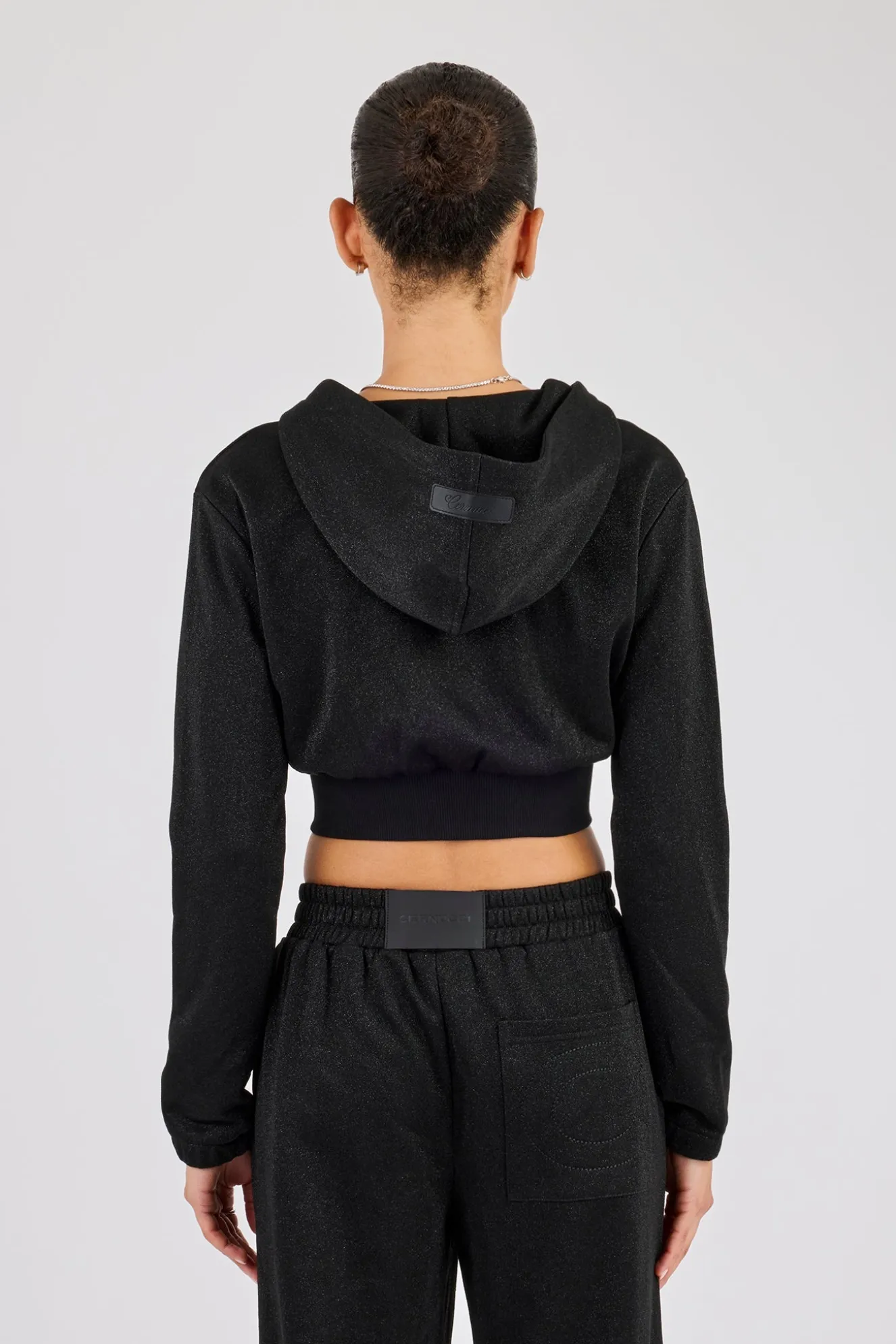 Glitter Fitted Cropped Hoodie - Black