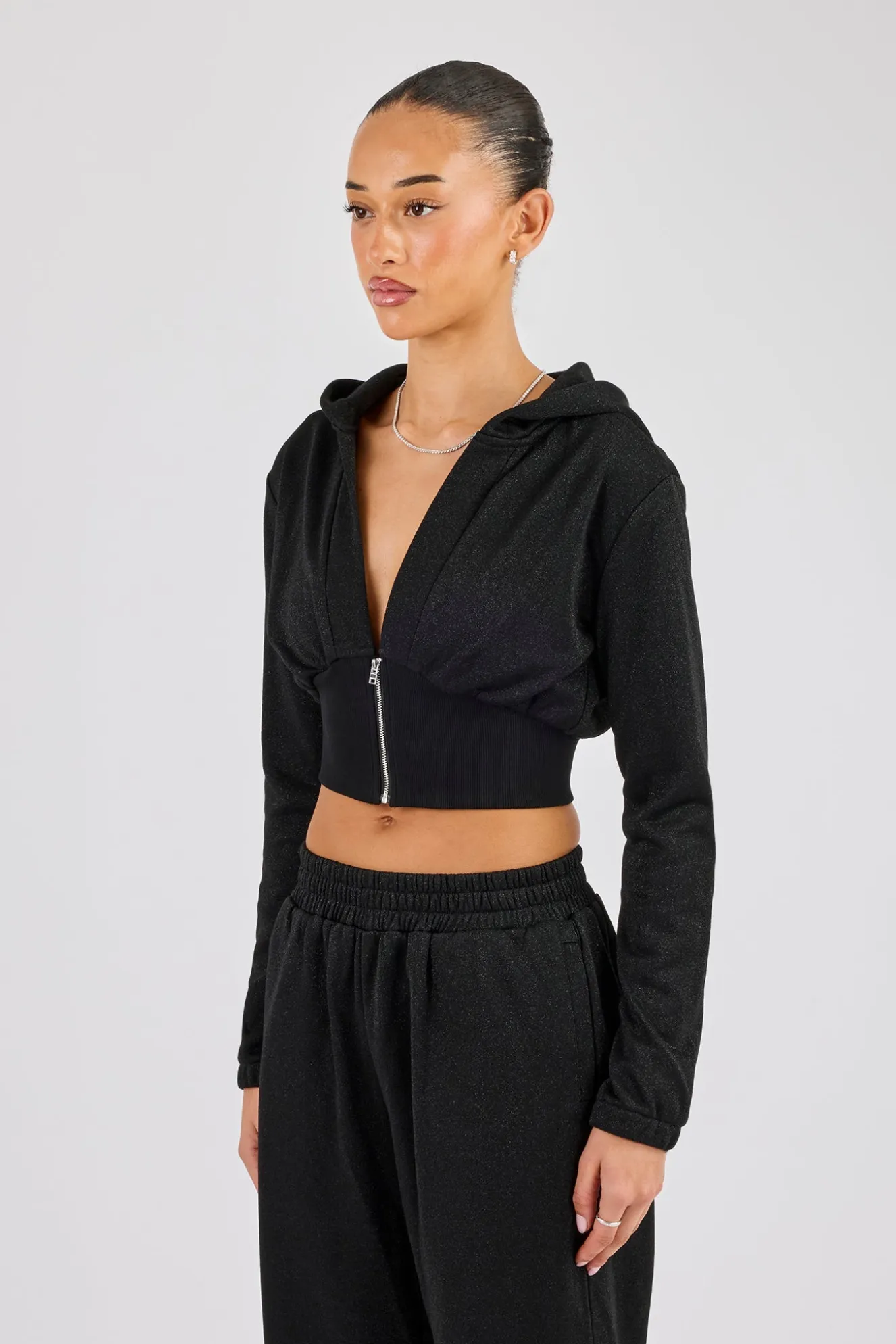 Glitter Fitted Cropped Hoodie - Black