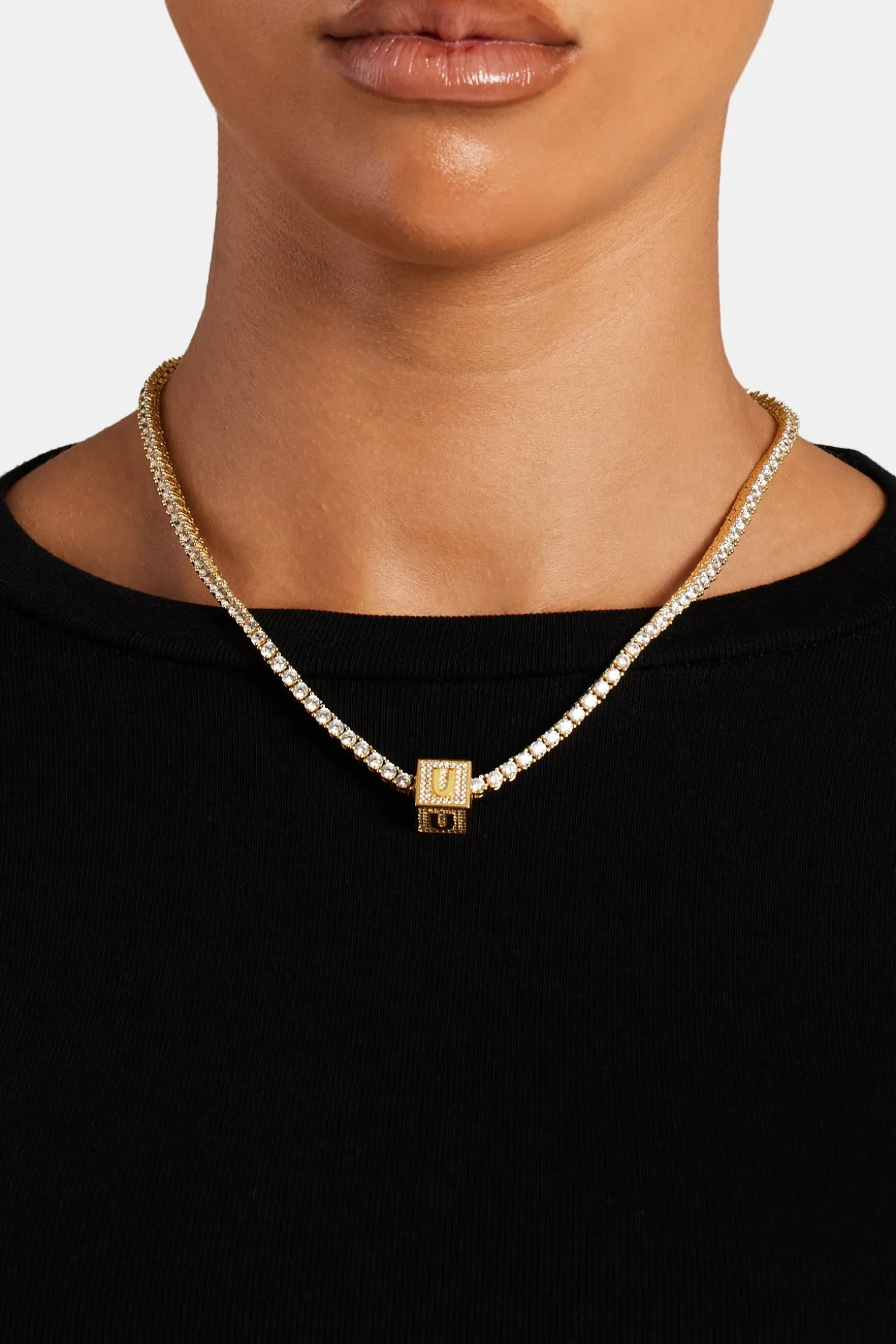 Gold Plated Iced U Letter Block Pendant