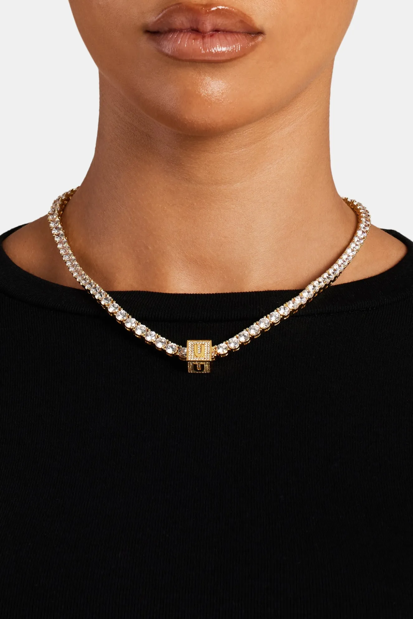 Gold Plated Iced U Letter Block Pendant