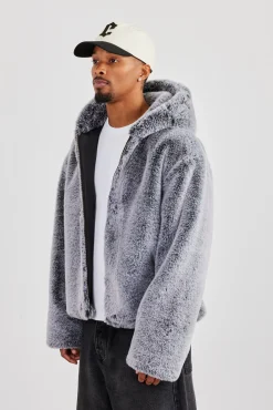 Hooded Fur Jacket - Grey
