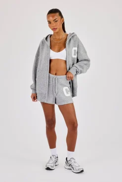 Hooded Zip Through Knitted Hoodie & Short - Grey