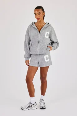 Hooded Zip Through Knitted Hoodie & Short - Grey