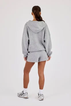 Hooded Zip Through Knitted Hoodie & Short - Grey
