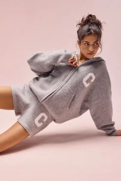 Hooded Zip Through Knitted Hoodie & Short - Grey