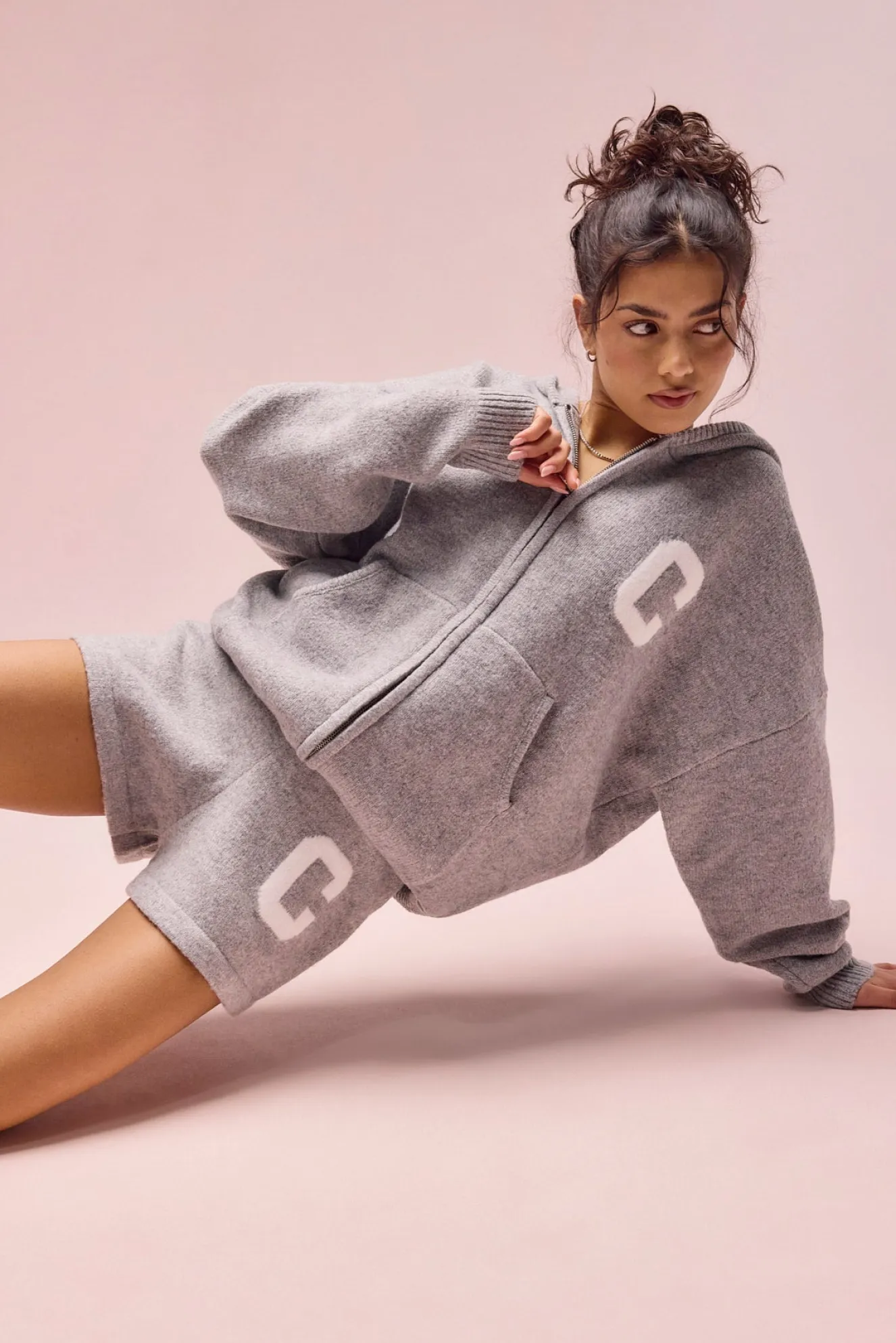 Hooded Zip Through Knitted Hoodie & Short - Grey