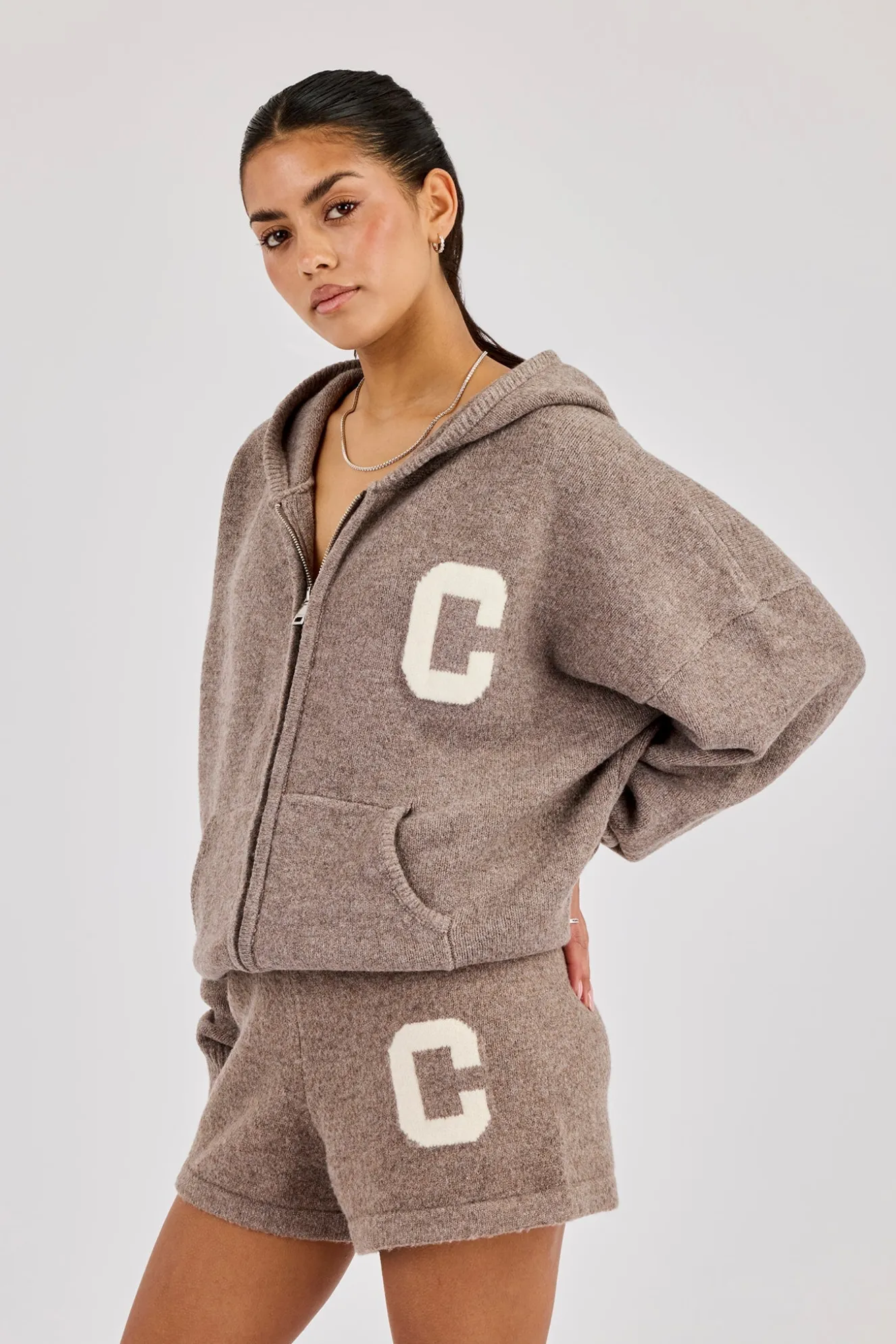 Hooded Zip Through Knitted Hoodie & Short - Taupe
