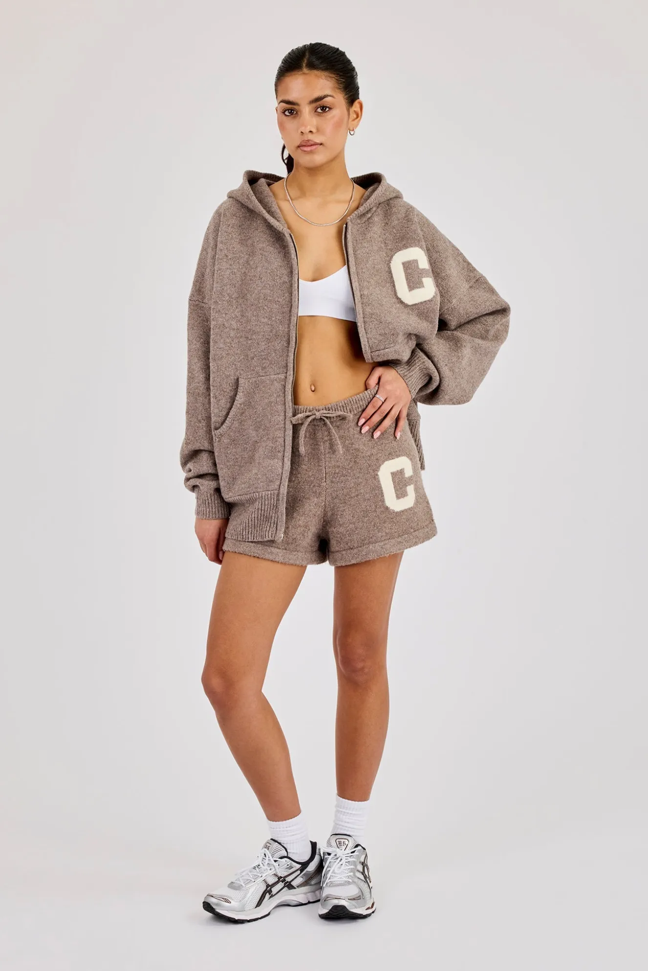 Hooded Zip Through Knitted Hoodie & Short - Taupe