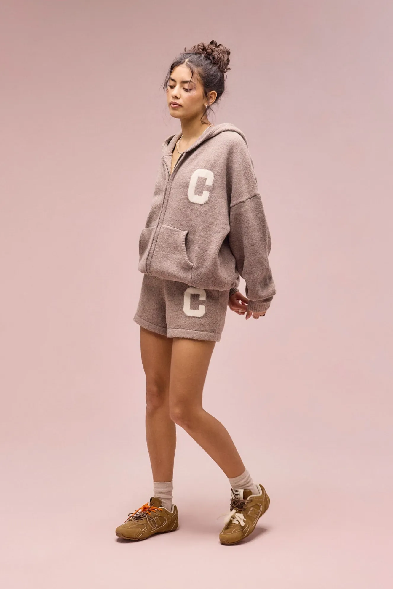 Hooded Zip Through Knitted Hoodie & Short - Taupe