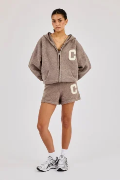 Hooded Zip Through Knitted Hoodie & Short - Taupe