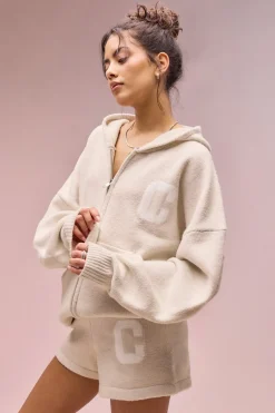 Hooded Zip Through Knitted Hoodie & Short - Oatmeal