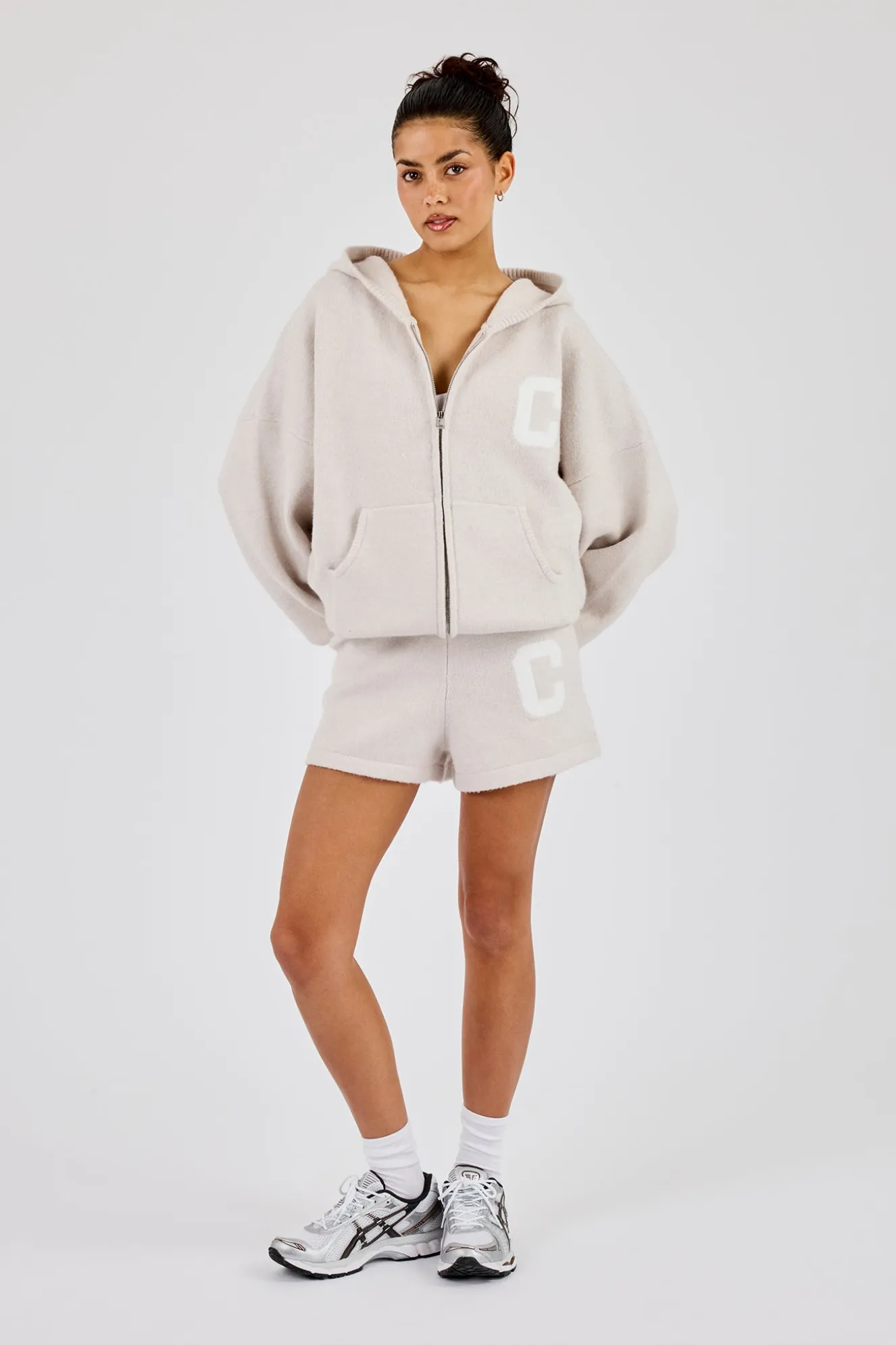 Hooded Zip Through Knitted Hoodie & Short - Oatmeal