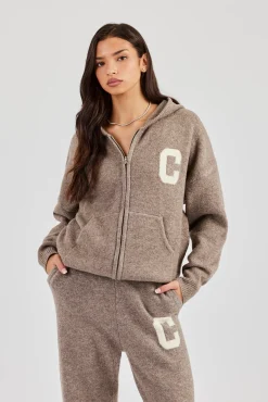 Hooded Zip Through Knitted Jumper - Taupe