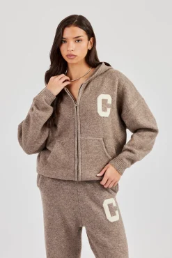 Hooded Zip Through Knitted Jumper - Taupe