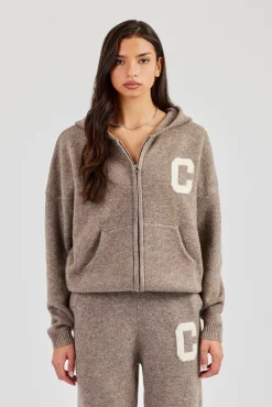 Hooded Zip Through Knitted Jumper - Taupe