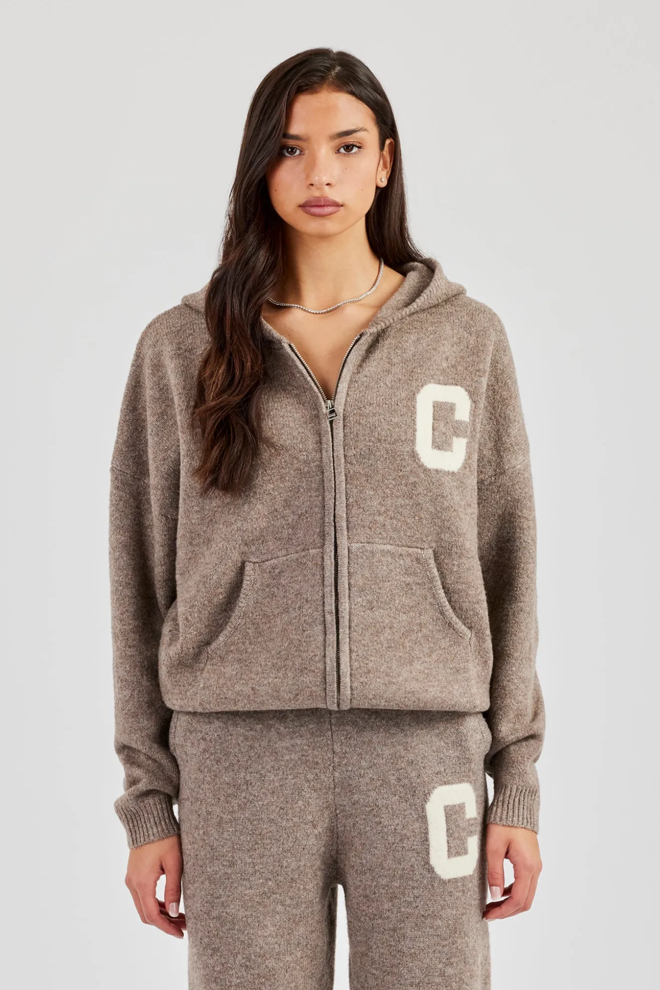 Hooded Zip Through Knitted Jumper - Taupe