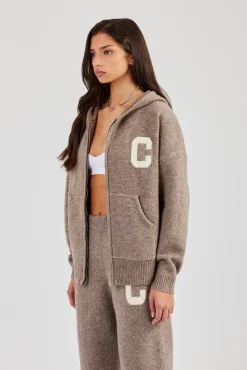 Hooded Zip Through Knitted Jumper - Taupe