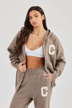 Hooded Zip Through Knitted Jumper - Taupe