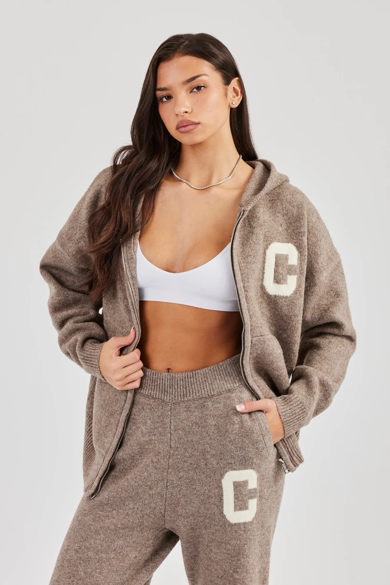 Hooded Zip Through Knitted Jumper - Taupe