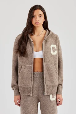 Hooded Zip Through Knitted Jumper - Taupe