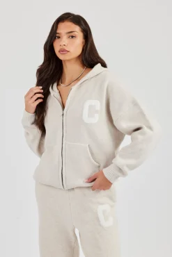 Hooded Zip Through Knitted Jumper - Oatmeal