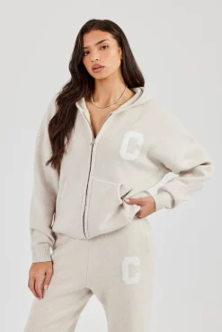 Hooded Zip Through Knitted Jumper - Oatmeal