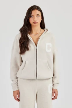Hooded Zip Through Knitted Jumper - Oatmeal