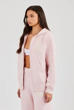 Hooded Zip Through Knitted Jumper - Baby Pink