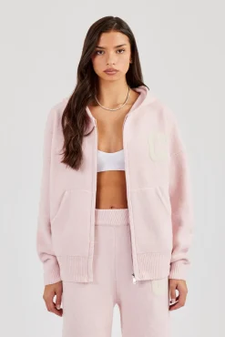 Hooded Zip Through Knitted Jumper - Baby Pink