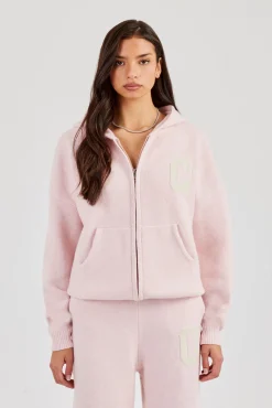 Hooded Zip Through Knitted Jumper - Baby Pink