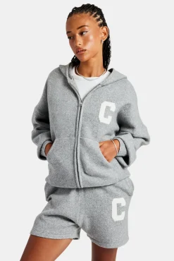 Hooded Zip Through Knitted Jumper - Grey