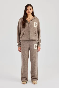 Hooded Zip Through Knitted Tracksuit - Taupe