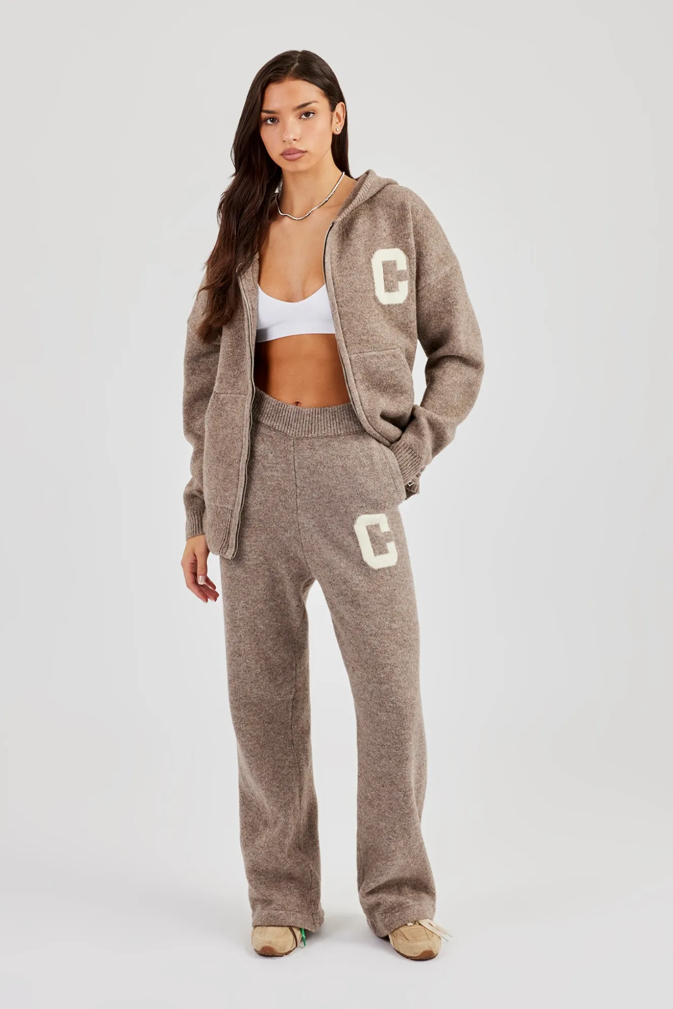 Hooded Zip Through Knitted Tracksuit - Taupe