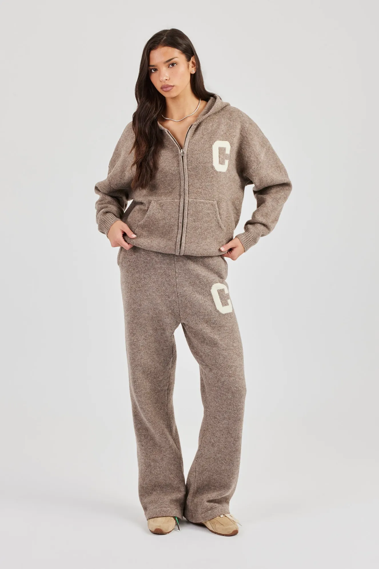 Hooded Zip Through Knitted Tracksuit - Taupe