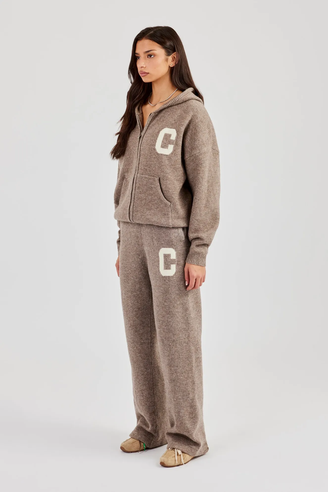 Hooded Zip Through Knitted Tracksuit - Taupe
