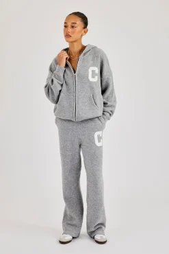 Hooded Zip Through Knitted Tracksuit - Grey